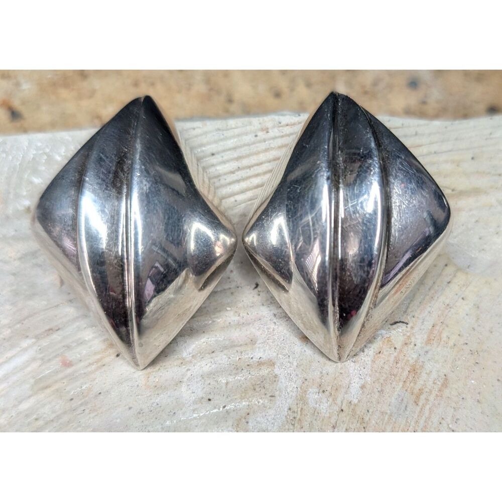 Sterling Silver Clip-On Earrings Bulky Geometric Design Bayanihan Ltd 925